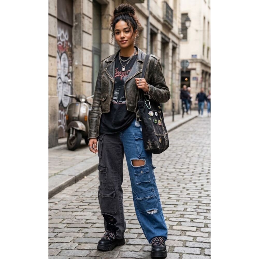 Fashion Nova Wide Leg 2 Tone Ripped High Waist Cargo Denim Baggy Jeans Y2K